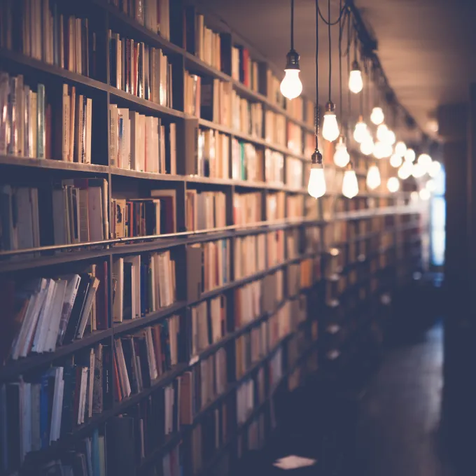 rows of books with hanging lights